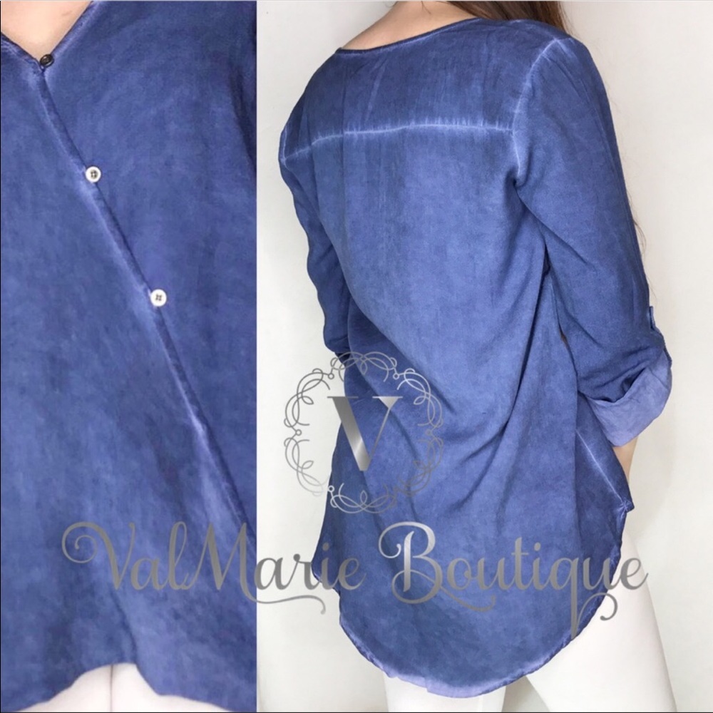Denim Colored Surplice Button Blouse - Picture 7 of 7